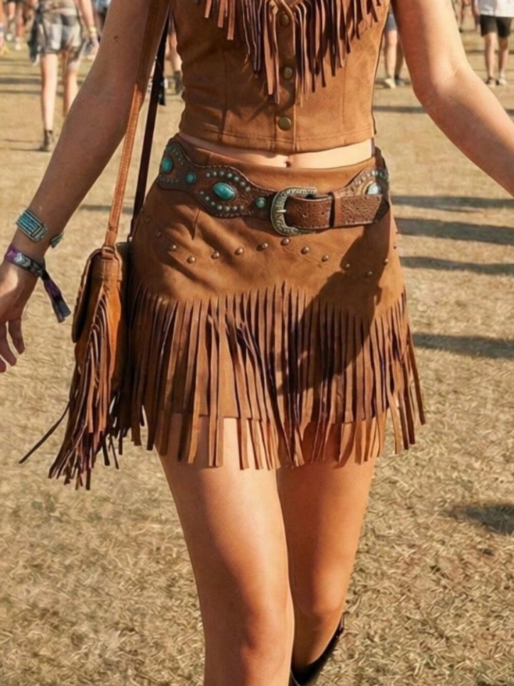 Brown Casual Women's Hippie Rivet Fringe Suede High Waist A-Line Skirt